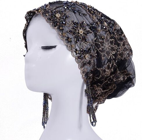 Turban Hat for Women Lace Bead Muslim Hijab Beanie Cap Floral Embroidery Beaded Headwrap Cover in Kuwait