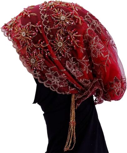 Turban Hat for Women Lace Bead Muslim Hijab Beanie Cap Floral Embroidery Beaded Headwrap Cover in Kuwait