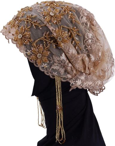 Turban Hat for Women Lace Bead Muslim Hijab Beanie Cap Floral Embroidery Beaded Headwrap Cover in Kuwait