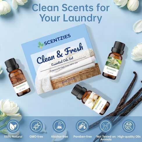 Laundry Essential Oil Set, Dryer Balls Essential Oil, Use for Room Mist, Wool Dryer Balls, Clean Laundry Scented Oil Set-3x10ml, Fresh Jasmine Floral, Mild Vanilla Scent, Soft Woody Sandalwood in Kuwait