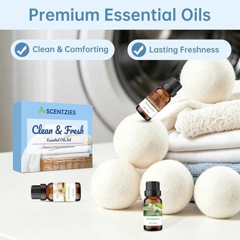 Laundry Essential Oil Set, Dryer Balls Essential Oil, Use for Room Mist, Wool Dryer Balls, Clean Laundry Scented Oil Set-3x10ml, Fresh Jasmine Floral, Mild Vanilla Scent, Soft Woody Sandalwood in Kuwait