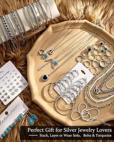 FAXHION 73PCS Silver Turquoise Jewelry Set for Women, Boho Southwestern Layered Necklaces & Stackable Rings Set, 14 Necklaces 15 Bracelets 26 Earrings 18 Knuckle Rings, Vintage Costume Jewelry Gift in Kuwait