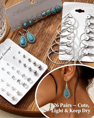 FAXHION 73PCS Silver Turquoise Jewelry Set for Women, Boho Southwestern Layered Necklaces & Stackable Rings Set, 14 Necklaces 15 Bracelets 26 Earrings 18 Knuckle Rings, Vintage Costume Jewelry Gift in Kuwait