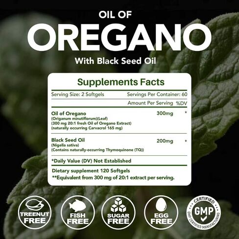 Oil of Oregano with Black Seed Oil Softgels, Organic, 4X Strength Carvacrol and Thymoquinone, Immune Support, Digestive Health, Respiratory Wellness, Non GMO, 120 Count in Kuwait