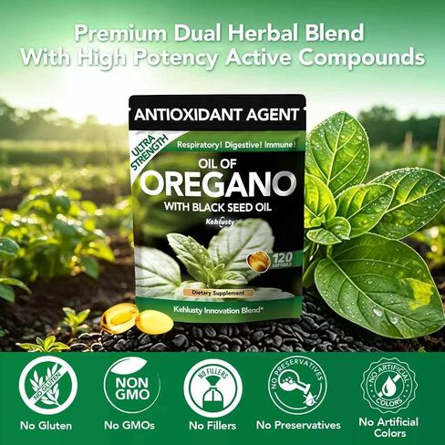 Oil of Oregano with Black Seed Oil Softgels, Organic, 4X Strength Carvacrol and Thymoquinone, Immune Support, Digestive Health, Respiratory Wellness, Non GMO, 120 Count in Kuwait