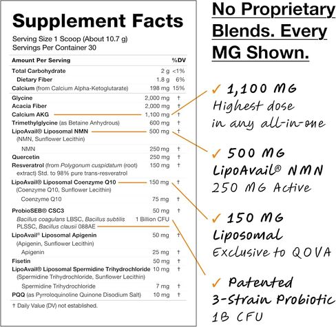 QOVA NMN Longevity Mix Supplement – 15+ Clinically-Studied Compounds - LipoAvail® Liposomal NMN, CoQ10, Spermidine & Apigenin - NAD+ Support, Senolytics, Mitochondrial Energy - 30 Servings in Kuwait
