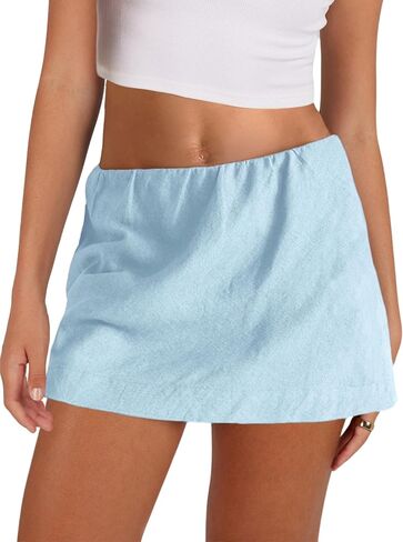 Gozoloma Womens Cotton Linen Skorts Casual Cute A-Line Mini Skirts with Ruffle Inner Waistband(Blue-S) in Saudi Arabia