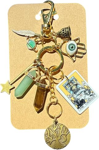 Success, Abundance, Strength, Bag Charm Keychain, The Chariot Tarot Card, Hamsa Hand, Tree of Life, Crystal Pendants, Gold Tone in Kuwait