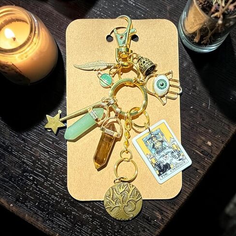 Success, Abundance, Strength, Bag Charm Keychain, The Chariot Tarot Card, Hamsa Hand, Tree of Life, Crystal Pendants, Gold Tone in Kuwait