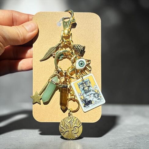Success, Abundance, Strength, Bag Charm Keychain, The Chariot Tarot Card, Hamsa Hand, Tree of Life, Crystal Pendants, Gold Tone in Kuwait