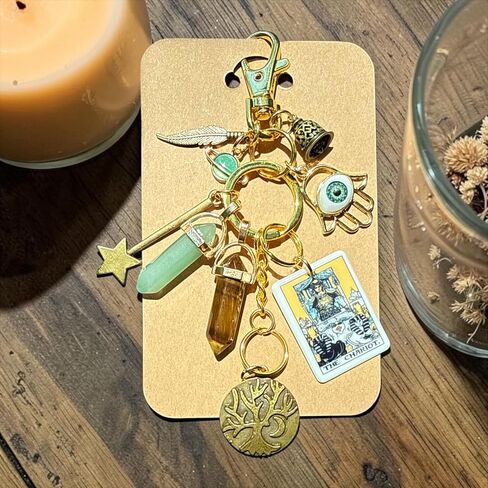 Success, Abundance, Strength, Bag Charm Keychain, The Chariot Tarot Card, Hamsa Hand, Tree of Life, Crystal Pendants, Gold Tone in Kuwait