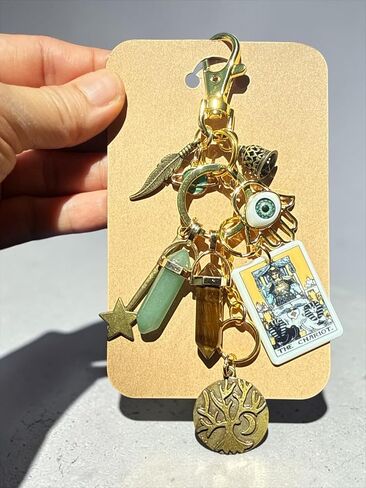 Success, Abundance, Strength, Bag Charm Keychain, The Chariot Tarot Card, Hamsa Hand, Tree of Life, Crystal Pendants, Gold Tone in Kuwait
