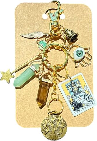 Success, Abundance, Strength, Bag Charm Keychain, The Chariot Tarot Card, Hamsa Hand, Tree of Life, Crystal Pendants, Gold Tone in Kuwait