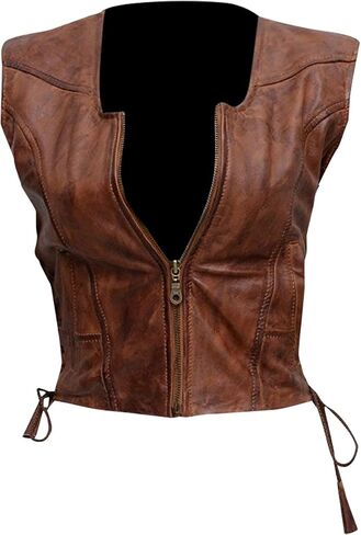 SpazeUp Women's Genuine Leather Vest - Casual Sleeveless Jacket for Women - Summer Walking Costume Women Brown Leather Jacket in Saudi Arabia