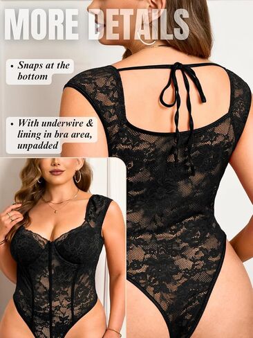 EHSUYAB Plus Size Floral Lace Tops For Women, Underwire Snap Crotch Cap Short Sleeve Sheer Bodysuit, Sexy Club Party Outfits in Kuwait