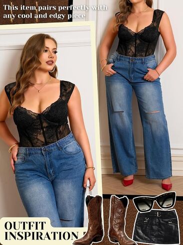 EHSUYAB Plus Size Floral Lace Tops For Women, Underwire Snap Crotch Cap Short Sleeve Sheer Bodysuit, Sexy Club Party Outfits in Kuwait