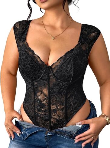 EHSUYAB Plus Size Floral Lace Tops For Women, Underwire Snap Crotch Cap Short Sleeve Sheer Bodysuit, Sexy Club Party Outfits in Kuwait