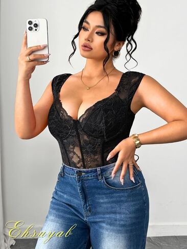 EHSUYAB Plus Size Floral Lace Tops For Women, Underwire Snap Crotch Cap Short Sleeve Sheer Bodysuit, Sexy Club Party Outfits in Kuwait