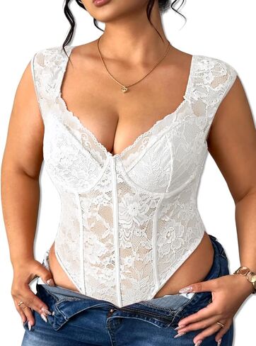 EHSUYAB Plus Size Floral Lace Tops For Women, Underwire Snap Crotch Cap Short Sleeve Sheer Bodysuit, Sexy Club Party Outfits in Kuwait