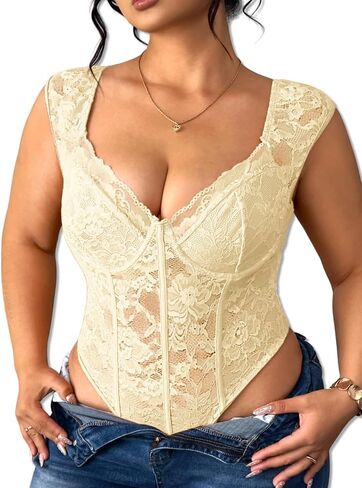 EHSUYAB Plus Size Floral Lace Tops For Women, Underwire Snap Crotch Cap Short Sleeve Sheer Bodysuit, Sexy Club Party Outfits in Kuwait