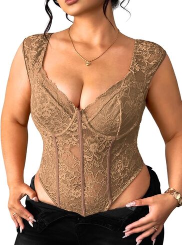 EHSUYAB Plus Size Floral Lace Tops For Women, Underwire Snap Crotch Cap Short Sleeve Sheer Bodysuit, Sexy Club Party Outfits in Kuwait