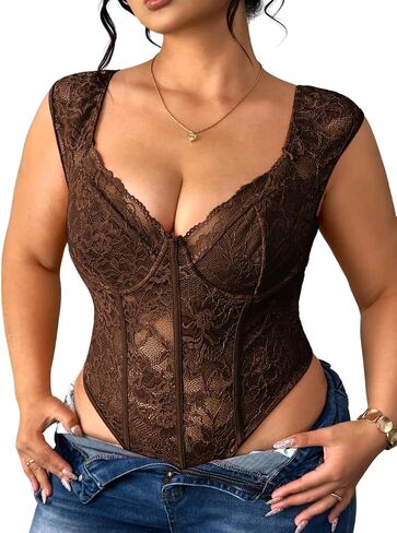 EHSUYAB Plus Size Floral Lace Tops For Women, Underwire Snap Crotch Cap Short Sleeve Sheer Bodysuit, Sexy Club Party Outfits in Kuwait