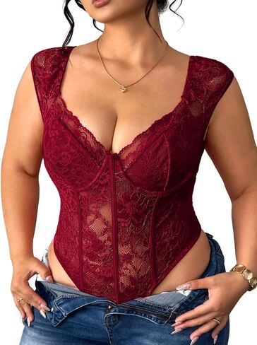 EHSUYAB Plus Size Floral Lace Tops For Women, Underwire Snap Crotch Cap Short Sleeve Sheer Bodysuit, Sexy Club Party Outfits in Kuwait
