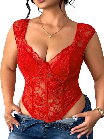 EHSUYAB Plus Size Floral Lace Tops For Women, Underwire Snap Crotch Cap Short Sleeve Sheer Bodysuit, Sexy Club Party Outfits in Kuwait