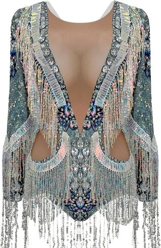 Women Sequin Tassel Party Bodysuit Stretch Dance Fringes Diamonds Jumpsuit Club Bar Singer Leotard Stage Wear Nude in Saudi Arabia