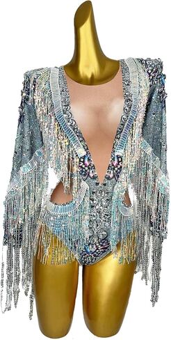 Women Sequin Tassel Party Bodysuit Stretch Dance Fringes Diamonds Jumpsuit Club Bar Singer Leotard Stage Wear Nude in Saudi Arabia