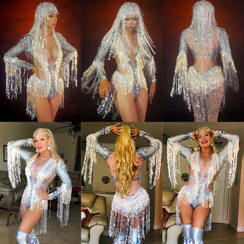 Women Sequin Tassel Party Bodysuit Stretch Dance Fringes Diamonds Jumpsuit Club Bar Singer Leotard Stage Wear Nude in Saudi Arabia