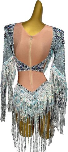 Women Sequin Tassel Party Bodysuit Stretch Dance Fringes Diamonds Jumpsuit Club Bar Singer Leotard Stage Wear Nude in Saudi Arabia