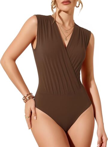 MANGOPOP Women's Wrap V Neck Ruched Sleeveless Thong Bodysuit Double Lined Fitted Tank Body Suit Top 2026 in Kuwait