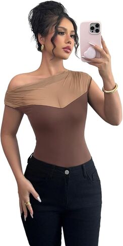 Milumia Women's See Through Sheer Mesh Ruched Tank Top One Shoulder Sleeveless Bodysuit in Kuwait
