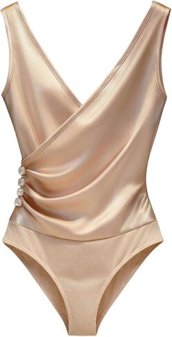 SweatyRocks Women's Silk Satin Wrap Bodysuit Sleeveless V Neck Pleated Blouse Elegant Work Tank in Kuwait
