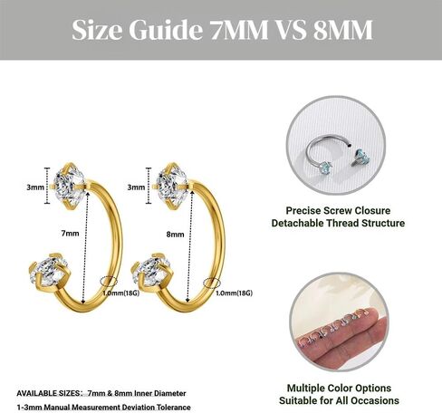 TOPBRIGHT 18G Threaded Horseshoe Nose Rings - 12PCS 316L Surgical Steel with Double Cubic Zirconia for Women Men, Septum Cartilage Helix Tragus Daith Lip Piercing Jewelry (7mm/8mm) in Saudi Arabia