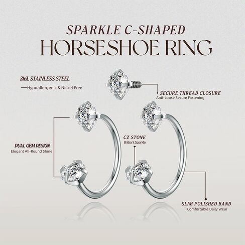 TOPBRIGHT 18G Threaded Horseshoe Nose Rings - 12PCS 316L Surgical Steel with Double Cubic Zirconia for Women Men, Septum Cartilage Helix Tragus Daith Lip Piercing Jewelry (7mm/8mm) in Saudi Arabia