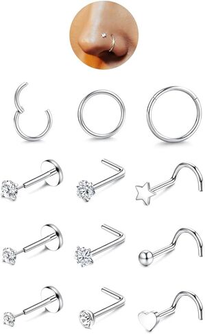 JeryWe 12PCS Nose Rings for Women - Gold Plated Hypoallergenic Surgical Steel Nose Rings Hoops Lip Septum Clicker Ring CZ Screw L Shaped Studs Threadless Flat Back Stud Nostril Piercing Jewelry in Saudi Arabia