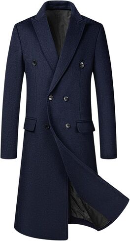 Sexyshine Mens Full Length Wool Trench Coat Notched Lapel Double Breasted Long Overcoat Windbreaker Pea Coat Jacket in Kuwait