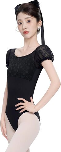 Daydance Womens Ballet Leotards with Floral Lace Front and Sleeves, Elegant Low Back Dance Leotard for Women in Kuwait