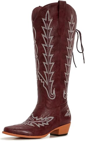 Uillnoodu Wide Calf Cowboy Boots Women Knee High Tall Western Cowgirl Boots Adjustable Lace Up Plus Size Comfortable 2-Inch Heel in Saudi Arabia
