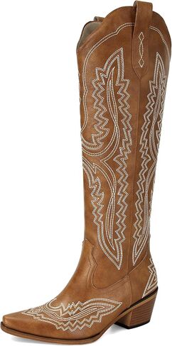 SOVANYOU Cowboy Boots for Women Brown Knee High Boots Almond Toe Chunky Heel Cowgirl Boot Country Concert Shoes Vintage Fashion Western Tall Boot in Kuwait