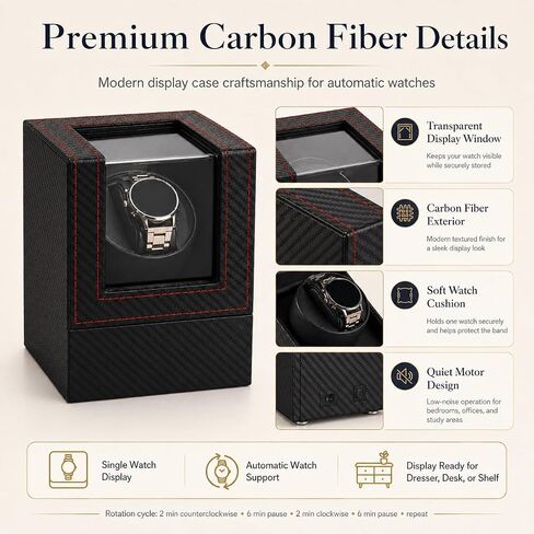 Automatic Watch Winder for Automatic Watches, Single Watch Winder Box with Quiet Operation, Carbon Fiber Watch Display Case with Transparent Window in Saudi Arabia