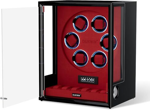 DUKWIN Fingerprint Lock Watch Winder for 6 Automatic Watches, Red Automatic Watch Winder with 6 Holders, LCD Display, Adjustable Watches Pillow and RGB LED Light for Gentles and Ladies, 8 TPD in Saudi Arabia