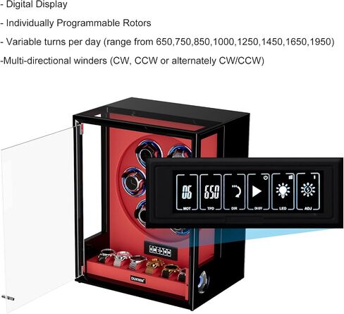 DUKWIN Fingerprint Lock Watch Winder for 6 Automatic Watches, Red Automatic Watch Winder with 6 Holders, LCD Display, Adjustable Watches Pillow and RGB LED Light for Gentles and Ladies, 8 TPD in Saudi Arabia