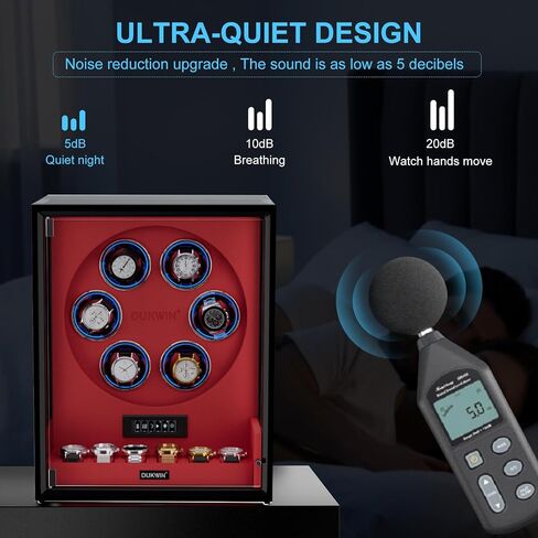 DUKWIN Fingerprint Lock Watch Winder for 6 Automatic Watches, Red Automatic Watch Winder with 6 Holders, LCD Display, Adjustable Watches Pillow and RGB LED Light for Gentles and Ladies, 8 TPD in Saudi Arabia