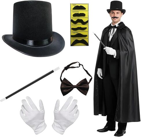 Magician Costume Accessories for Adult with Top Hat Set,Beard,Bow Tie, Magic Wand and Gloves for Magic Tricks Show Halloween Cosplay,1920s Men Accessories in Saudi Arabia