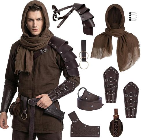 8pcs Renaissance Medieval Costume Accessories Men - Viking Knight Assassin Leather Armor & Shoulder Cape Bracers Belt Set in Saudi Arabia