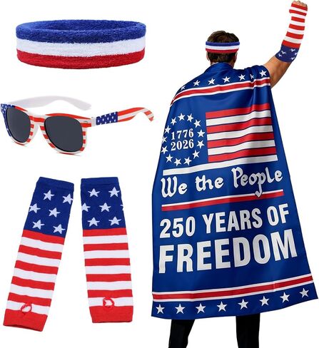 250th Anniversary American Costume Cape Set - Retro 80's USA Cape, America Flag Headband, Oversleeves and Sunglasses Adult Patriotic Theme Flag Cloak Set for 4th of July Celebration Party in Saudi Arabia