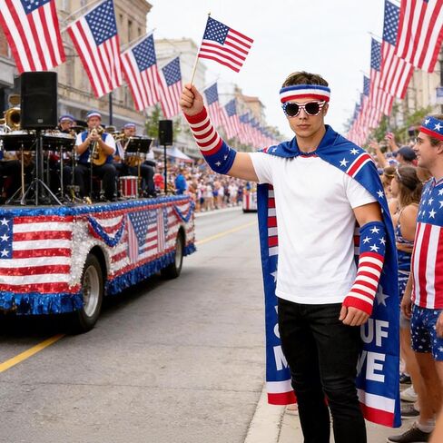 250th Anniversary American Costume Cape Set - Retro 80's USA Cape, America Flag Headband, Oversleeves and Sunglasses Adult Patriotic Theme Flag Cloak Set for 4th of July Celebration Party in Saudi Arabia